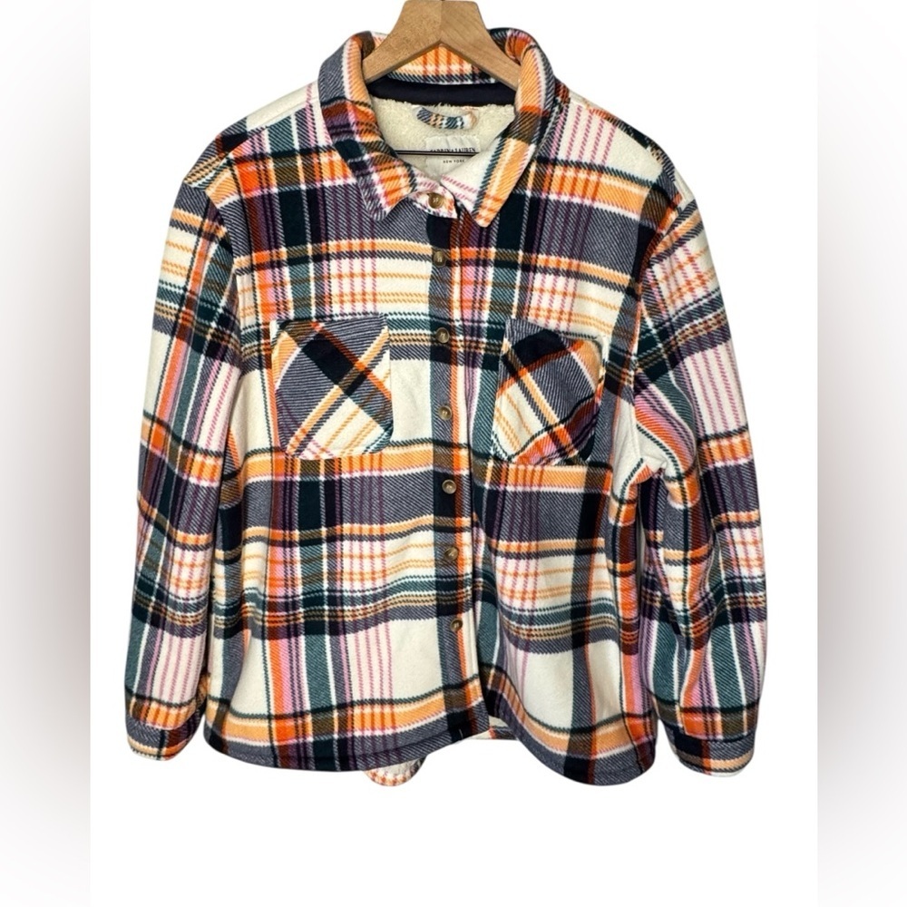 Sabrina Lauren Plaid Button Up Cream Multicolor Lightweight Sherpa Shacket Sz XL